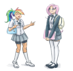 Size: 1000x963 | Tagged: safe, artist:king-kakapo, fluttershy, rainbow dash, human, g4, alternate hairstyle, backpack, bag, book, clothes, compression shorts, duo, duo female, female, flattershy, humanized, jacket, kneesocks, mary janes, miniskirt, ponytail, ribbon, school uniform, schoolgirl, shorts, simple background, skirt, sneakers, sneakers fetish, socks, thigh highs, thigh socks, white background, zettai ryouiki