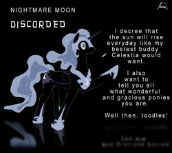 Size: 825x731 | Tagged: dead source, safe, artist:ryuukiba, nightmare moon, alicorn, pony, g4, artifact, dialogue, discorded, discordnightmaremoon, female, horn, looking at you, nicemare moon, signature, solo, wings