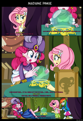 Size: 2243x3273 | Tagged: safe, artist:lucy-tan, fluttershy, pinkie pie, rainbow dash, equestria girls, g4, comic, high res, madame pinkie, mystical orb of fate's destiny, turban