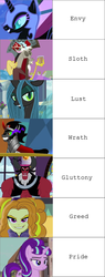 Size: 640x1680 | Tagged: safe, edit, edited screencap, screencap, adagio dazzle, discord, king sombra, lord tirek, nightmare moon, queen chrysalis, starlight glimmer, alicorn, centaur, changeling, changeling queen, draconequus, human, pony, umbrum, unicorn, a canterlot wedding, equestria girls, friendship is magic, g4, my little pony equestria girls: rainbow rocks, the crystal empire, the cutie map, the return of harmony, twilight's kingdom, antagonist, arrogance, arrogant, avarice, chocolate, chocolate milk, crown, curved horn, dark magic, evil grin, eyes closed, fake cutie mark, fangs, female, grin, group, helmet, horn, horns, jewelry, lidded eyes, looking back, magic, male, mare, milk, our town, regalia, s5 starlight, septet, seven deadly sins, sin, sin of envy, sin of gluttony, sin of greed, sin of lust, sin of pride, sin of sloth, sin of wrath, slit pupils, smiling, smirk, stallion, villains of equestria, wall of tags