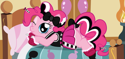 Size: 7008x3296 | Tagged: safe, artist:badumsquish, derpibooru exclusive, pinkie pie, earth pony, pony, g4, absurd resolution, bed, bedroom eyes, bow, clothes, draw me like one of your french girls, female, goth, gothic pinkie, looking at you, on bed, pinkie pie's boutique, pose, prone, shoes, skirt, smiling, solo, tail bow, wink