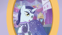Size: 1280x720 | Tagged: safe, screencap, lily love, moonlight raven, pony, unicorn, canterlot boutique, g4, background pony, clothes, dress, female, lidded eyes, mare, mirror, over the moon, shoes, smiling, when she smiles