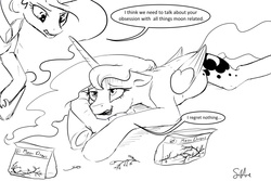 Size: 1280x853 | Tagged: safe, artist:silfoe, princess celestia, princess luna, royal sketchbook, g4, bloated, dialogue, duo, female, floppy ears, folded wings, food baby, frown, full, grapes, grayscale, gritted teeth, i regret nothing, lineart, mare, monochrome, open mouth, prone, raised hoof, sick, sketch, slender, smiling, speech bubble, stuffed, stuffed belly, thin, underhoof, wavy mouth, wings