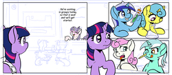 Size: 1000x435 | Tagged: safe, artist:muffinshire, lemon hearts, lyra heartstrings, minuette, twilight sparkle, twinkleshine, oc, oc:apple delight, pony, unicorn, comic:twilight's first day, g4, braces, chemistry, comic, dexterous hooves, erlenmeyer flask, filly, glasses, grin, open mouth, pencil, preview, princess celestia's school for gifted unicorns, raised hoof, saddle bag, test tube, tongue out, wip, younger