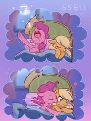 Size: 1200x1600 | Tagged: safe, artist:kkmrarar, applejack, pinkie pie, earth pony, pony, do princesses dream of magic sheep, g4, cute, drool, female, lesbian, scene interpretation, ship:applepie, shipping, sleeping, snoring, snuggling, surprise hug