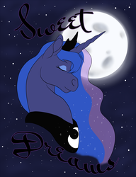 Size: 1487x1937 | Tagged: safe, artist:carnivorouscaribou, princess luna, g4, eyes closed, female, moon, portrait, poster, solo