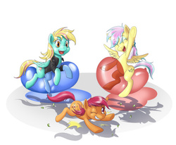 Size: 540x446 | Tagged: safe, artist:nauth, oc, oc only, oc:brittani stripes, oc:confetti, oc:sky popper, earth pony, pegasus, pony, balloon, balloon fetish, balloon popping, brittani stripes, confetti, party balloon, sky popper, that pony sure does love balloons