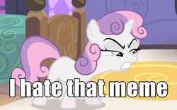 Size: 676x422 | Tagged: safe, edit, edited screencap, screencap, sweetie belle, pony, unicorn, for whom the sweetie belle toils, g4, caption, cropped, image macro, meme, solo