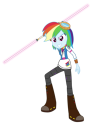 Size: 3005x4000 | Tagged: safe, artist:amante56, rainbow dash, equestria girls, g4, 20th century fox, alternate hairstyle, clothes, crossover, disney, double lightsaber, element of loyalty, female, goggles, guardian, high res, jedi, lightsaber, lucasfilm, short hair, simple background, solo, star wars, transparent background, weapon, wristband