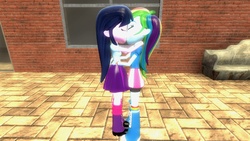 Size: 1360x768 | Tagged: safe, artist:mk513, rainbow dash, twilight sparkle, equestria girls, g4, 3d, female, gmod, kissing, lesbian, ship:twidash, shipping, twilight sparkle (alicorn)