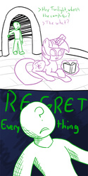Size: 600x1200 | Tagged: safe, artist:slamjam, twilight sparkle, oc, oc:anon, human, g4, 2 panel comic, 4chan, anon in equestria, anonymous, comic, computer, i regret everything, reality ensues, regret