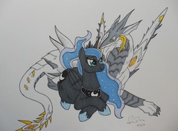 Size: 1144x844 | Tagged: safe, artist:kingshisa08, princess luna, kaiju, g4, balkzardan, crossover, female, godzilla (series), godzilla trading battle, lesbian, pregnant, traditional art