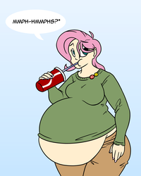 Size: 1000x1250 | Tagged: dead source, safe, artist:bigponiesinc, fluttershy, human, ask feedee twilight, g4, bbw, belly, big belly, clothes, drinking, fat, fattershy, female, humanized, muffin top, puffy cheeks, sweater