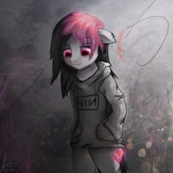 Size: 3000x3000 | Tagged: safe, artist:kaine, artist:ligerstorm, oc, oc only, oc:miss eri, pony, semi-anthro, bipedal, black and red mane, emo, female, headphones, high res, nine inch nails, sad, solo, two toned mane
