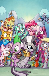 Size: 600x912 | Tagged: safe, artist:agnes garbowska, idw, official comic, carrot cake, cheerilee, derpy hooves, lyra heartstrings, pinkie pie, pumpkin cake, rainbow dash, spike, sweetie belle, zecora, pegasus, pony, zebra, g4, cover, female, mare, no logo, sick, textless