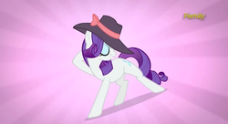 Size: 1920x1045 | Tagged: safe, screencap, rarity, pony, g4, rarity investigates, season 5, discovery family logo, eyes closed, female, hat, mare, pink background, pose, simple background, sunburst background