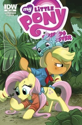 Size: 791x1200 | Tagged: safe, artist:amy mebberson, idw, applejack, fluttershy, pig, pigasus, g4, spoiler:comic, alan grant, camping, clothes, cover, duo, ellie sattler, jurassic park, tail bow
