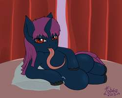 Size: 2500x2000 | Tagged: safe, artist:lazyfable, oc, oc only, oc:sinuous, pony, unicorn, blushing, female, high res, long tongue, pillow, solo, tentacle tongue, tentacles, tentacles on female, tongue out