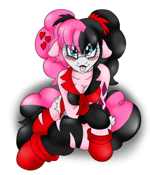 Size: 1625x1900 | Tagged: safe, artist:blackbewhite2k7, pinkie pie, earth pony, anthro, unguligrade anthro, g4, alternate hairstyle, arm hooves, clothes, commission, costume, daisy dukes, female, harley quinn, hooves, justice league: gods and monsters, lipstick, solo