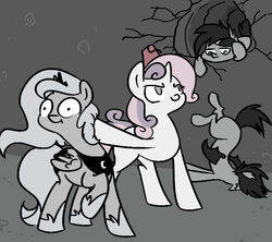 Size: 696x619 | Tagged: safe, artist:alskylark, princess luna, sweetie belle, oc, oc:frolicsome meadowlark, oc:sunshine smiles (egophiliac), bat pony, pony, unicorn, moonstuck, scootalootheadventurer, g4, fez, filly, hat, horn, monochrome, woona