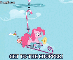 Size: 400x326 | Tagged: safe, pinkie pie, g4, animated, arnold schwarzenegger, chopper, female, helicopter, image macro, meme, pedal, pedalcopter, pedaling, predator