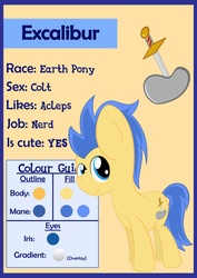 Size: 752x1063 | Tagged: safe, artist:lavdraws, oc, oc only, oc:excalibur, cute?, reference sheet, text