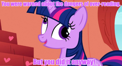 Size: 959x521 | Tagged: safe, screencap, twilight sparkle, g4, derp, exploitable meme, female, i didn't listen, image macro, meme, open mouth, purple text, smiling, solo