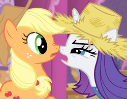 Size: 435x339 | Tagged: safe, edit, edited screencap, screencap, applejack, rarity, pony, g4, simple ways, boop, cropped, noseboop, rarihick