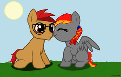 Size: 1024x651 | Tagged: safe, artist:livvyloulou, oc, oc only, oc:arian blaze, oc:the daring cookie, base used, blank flank, boop, colt, cute, female, filly, glasses, male, nuzzling, oc x oc, shipping, straight, wide eyes, younger