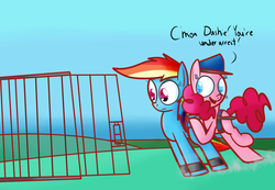 Size: 1934x1336 | Tagged: safe, artist:mr-degration, pinkie pie, rainbow dash, g4, arrested, bound wings, cage, chains, cuffs, shackles