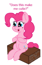 Size: 224x345 | Tagged: safe, artist:lockheart, pinkie pie, g4, cardboard box, cute, cutie box, diapinkes, female, flockmod, palindrome get, simple background, sitting, solo, text, white background