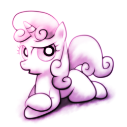 Size: 512x512 | Tagged: safe, artist:remyroez, sweetie belle, g4, :o, cute, diasweetes, female, looking at you, open mouth, prone, raised eyebrow, simple background, solo, white background