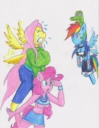 Size: 788x1013 | Tagged: safe, artist:dp360, fluttershy, gummy, pinkie pie, rainbow dash, anthro, g4, ambiguous facial structure, belly button, breasts, busty fluttershy, cleavage, clothes, female, flying, lifting, midriff, shirt lift, skirt, traditional art, underboob