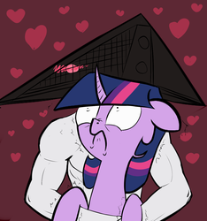 Size: 1181x1262 | Tagged: safe, artist:underpable, twilight sparkle, human, pony, derpin daily, g4, blushing, crossover, floppy ears, frown, heart, holding a pony, hug, konami, nose wrinkle, pyramid head, scared, shivering, silent hill, snuggling, wide eyes
