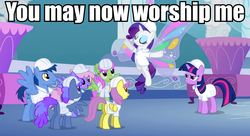 Size: 960x521 | Tagged: safe, edit, edited screencap, screencap, blues, merry may, noteworthy, parasol, rainbowshine, rarity, twilight sparkle, pegasus, pony, unicorn, g4, sonic rainboom (episode), background pony, caption, female, image macro, male, mare, meme, stallion, text