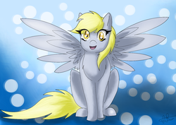 Size: 1411x997 | Tagged: safe, artist:scarletsfeed, derpy hooves, pegasus, pony, g4, bubble, female, looking at you, mare, sitting, smiling, solo, spread wings