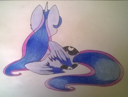 Size: 1929x1456 | Tagged: safe, artist:cutepencilcase, princess luna, g4, both cutie marks, female, on side, rear view, solo, traditional art