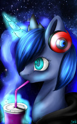 Size: 1024x1638 | Tagged: safe, artist:bloodymare13, princess luna, gamer luna, g4, clothes, female, headphones, hoodie, magic, soda, solo, telekinesis