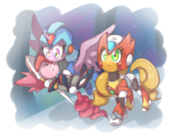 Size: 1882x1482 | Tagged: safe, artist:thegreatrouge, applejack, pinkie pie, twilight sparkle, alicorn, pony, g4, axl, crossover, female, mare, mega man (series), megaman x, twilight sparkle (alicorn), zero