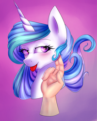 Size: 1280x1601 | Tagged: safe, artist:djm30wm1x, artist:elzzombie, princess celestia, human, g4, collaboration, female, hand, heart, heart eyes, scratching, simple background, solo, tongue out, wingding eyes