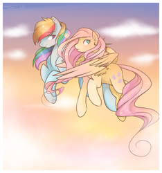 Size: 1450x1550 | Tagged: safe, artist:chocolateponi, fluttershy, rainbow dash, g4, female, flying, lesbian, ship:flutterdash, shipping