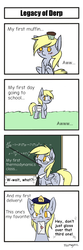 Size: 640x1920 | Tagged: safe, artist:thattagen, derpy hooves, g4, 4koma, chalkboard, comic, filly, glasses, letter, mouth hold, muffin, newbie artist training grounds, younger