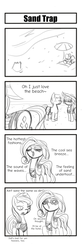 Size: 627x1920 | Tagged: safe, artist:thattagen, applejack, rarity, g4, 4koma, beach, comic, monochrome, newbie artist training grounds