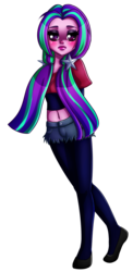 Size: 627x1280 | Tagged: safe, artist:kilanio, aria blaze, equestria girls, g4, alternate clothes, alternate hairstyle, arm behind back, belly button, clothes, cute, female, jeans, looking at you, midriff, pants, shoes, short jeans, short shirt, shorts, simple background, solo, transparent background