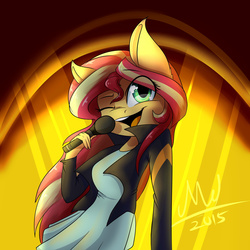 Size: 1600x1600 | Tagged: safe, artist:myralilth, sunset shimmer, anthro, equestria girls, g4, female, microphone, singing, solo, wink