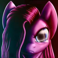 Size: 1280x1280 | Tagged: safe, artist:whisperfoot, pinkie pie, g4, angry, female, hair over one eye, long mane, pinkamena diane pie, solo