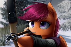 Size: 2000x1336 | Tagged: safe, artist:supermare, scootaloo, pegasus, pony, g4, arrow, bipedal, bow (weapon), bow and arrow, clothes, crossover, depth of field, dexterous hooves, ellie, female, forest, scenery, snow, solo, the last of us, tree, weapon