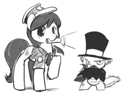Size: 850x632 | Tagged: safe, artist:ende26, octavia melody, spike, g4, cape, clothes, flashlight (object), hat, monochrome, moustache, mouth hold, raised hoof, security guard, spikely whiplash, top hat