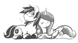 Size: 850x471 | Tagged: safe, artist:ende26, princess cadance, shining armor, alicorn, pony, unicorn, g4, blushing, cuddling, cute, eyes closed, female, glasses, lying down, male, missing horn, monochrome, nervous, prone, ship:shiningcadance, shipping, simple background, smiling, snuggling, straight, sweatdrop, white background