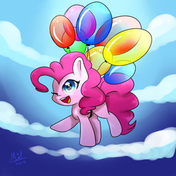 Size: 1280x1280 | Tagged: safe, artist:myralilth, pinkie pie, g4, balloon, cloud, cute, diapinkes, female, flying, one eye closed, open mouth, sky, solo, then watch her balloons lift her up to the sky